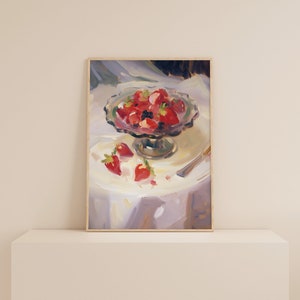 May include: A painting of a glass bowl filled with red strawberries and blackberries, sitting on a white tablecloth. There are a few strawberries on the table next to the bowl.