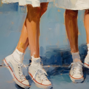 May include: Two pairs of legs wearing white socks and white trainers with red trim. The legs are against a blue background.