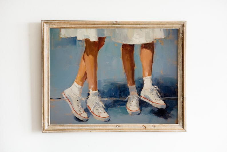 May include: A painting depicting two pairs of legs wearing white trainers. The legs are painted in a loose, impressionistic style, and the trainers are a bright white against a blue background.