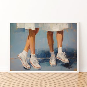 May include: A painting depicting two pairs of legs wearing white trainers. The legs are set against a blue background.