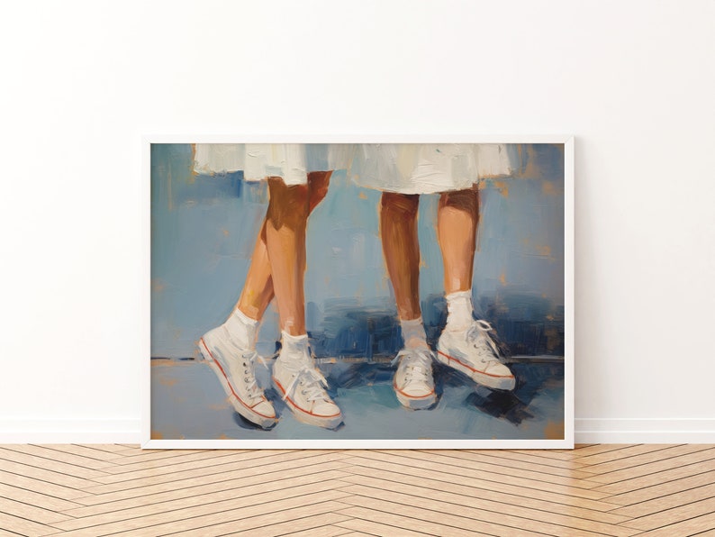 May include: A painting depicting two pairs of legs wearing white trainers. The legs are set against a blue background.