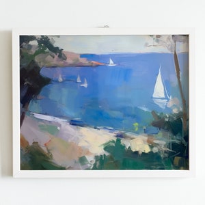 May include: A painting of a seascape with sailboats in the distance. The water is a bright blue and the sky is a light blue. The painting is framed in white.