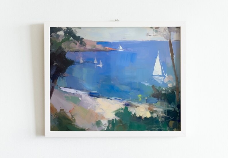 May include: A painting of a seascape with sailboats in the distance. The water is a bright blue and the sky is a light blue. The painting is framed in white.