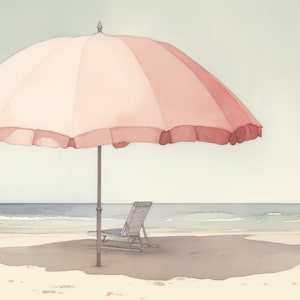 Pale Watercolor Painting | Beach Umbrella Print | Light Pink Aesthetic Art | Muted Downloadable Print image 2