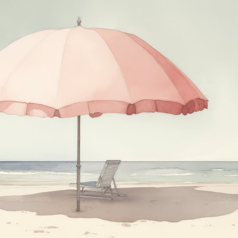 Pale Watercolor Painting | Beach Umbrella Print | Light Pink Aesthetic Art | Muted Downloadable Print image 2