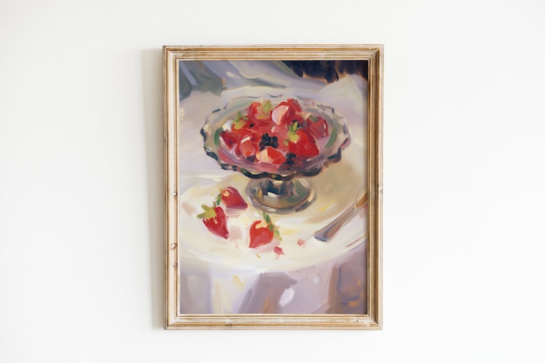 May include: A painting of a still life with a bowl of red strawberries and a few strawberries on a white tablecloth. The bowl is on a pedestal and there is a silver knife on the table.
