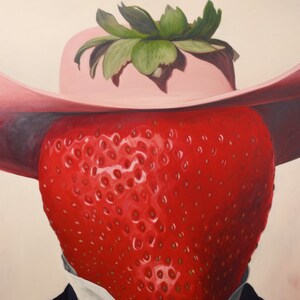 Peut inclure: Une grosse fraise rouge vif avec des graines visibles est plac&eacute;e au centre, portant un chapeau rose clair &agrave; larges bords avec une tige feuillue verte d&eacute;passant du sommet. La fraise est sur un fond uni de couleur claire.