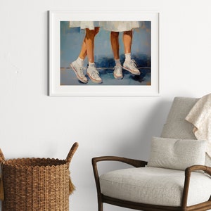 May include: A painting depicting two pairs of legs wearing white trainers. The legs are painted in a loose, impressionistic style, and the trainers are a bright white against the blue background.
