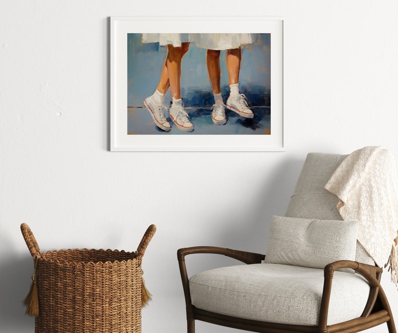 May include: A painting depicting two pairs of legs wearing white trainers. The legs are painted in a loose, impressionistic style, and the trainers are a bright white against the blue background.