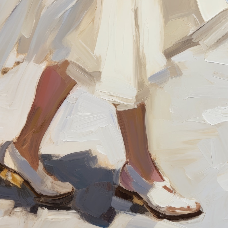 May include: Oil painting of a person's legs and feet in motion, wearing white shoes and a white outfit. The artwork uses a palette of whites, creams, and browns, with visible brushstrokes creating texture and movement. The shoes have a low heel.