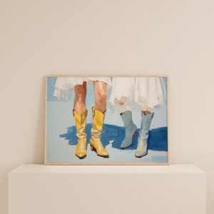 May include: A painting of two pairs of legs wearing cowboy boots. One pair is wearing yellow boots and the other pair is wearing blue boots. The legs are against a light blue background.