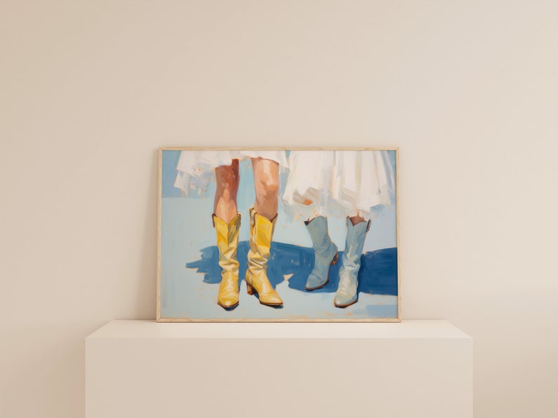 May include: A painting of two pairs of legs wearing cowboy boots. One pair is wearing yellow boots and the other pair is wearing blue boots. The legs are against a light blue background.