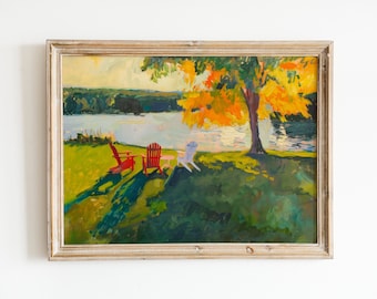 Autumn Lake House Print | Rustic Landscape Painting | Coastal Printable Wall Art | Warm Fall Decor | Cottagecore Aesthetic