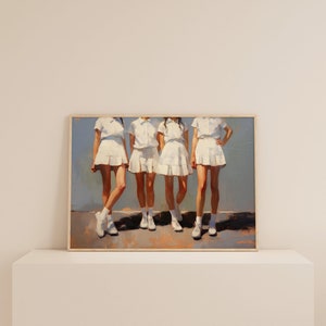May include: Painting of four people wearing white skirts and shirts, standing in a row. They are all wearing white sneakers and have their legs slightly bent. The background is a light blue color.