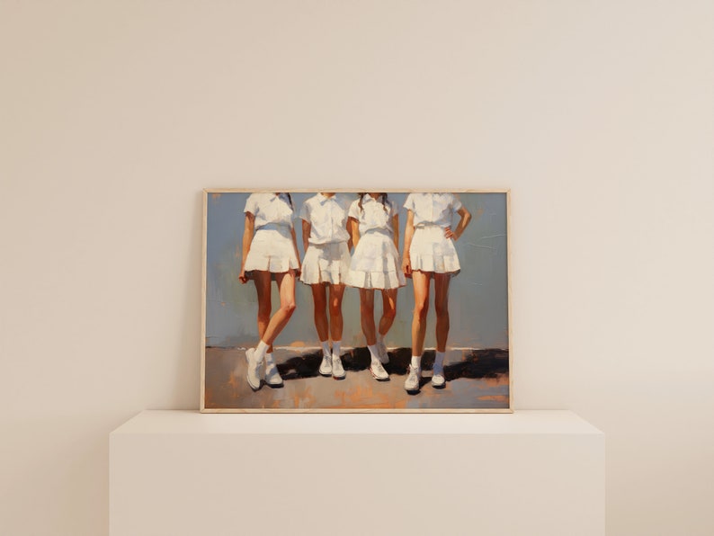 May include: Painting of four people wearing white skirts and shirts, standing in a row. They are all wearing white sneakers and have their legs slightly bent. The background is a light blue color.