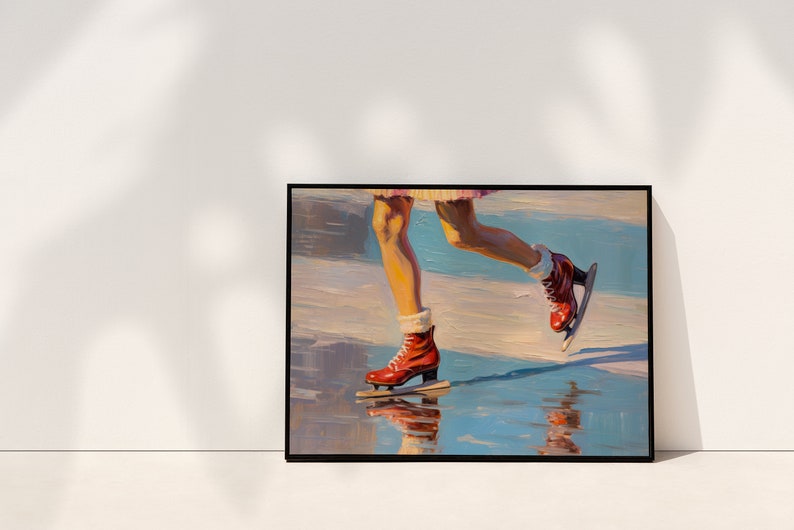 Peut inclure: Une peinture &agrave; l'huile dans un cadre noir repr&eacute;sentant une paire de jambes portant des patins &agrave; glace rouge vif avec des lacets et des revers blancs. Les patins glissent sur une surface glac&eacute;e et r&eacute;fl&eacute;chissante aux coups de pinceau bleus.