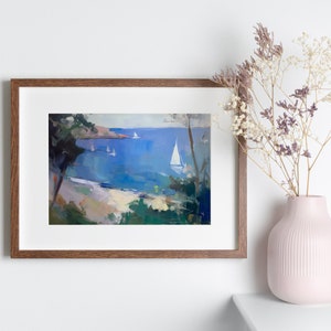 May include: A framed painting of a seascape with a sailboat in the foreground and a coastline in the background. The painting is in a brown frame and is hanging on a white wall.
