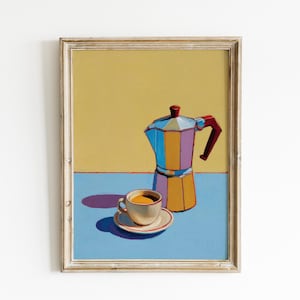 May include: Framed painting of a colorful stovetop espresso maker and a cup of coffee on a saucer. The painting has a yellow background above a blue surface. The espresso maker is multi-colored with a red handle.