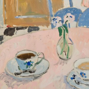 May include: An oil painting depicting a pink table surface with two teacups on saucers, each featuring blue floral patterns and dark liquid, alongside a small glass vase containing green stems and light blue flowers with visible brushstrokes.