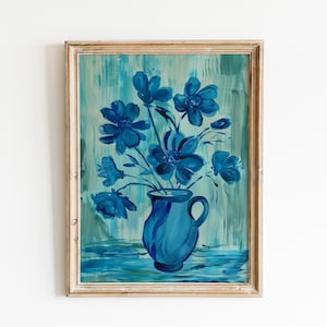 Pintura de jarrón de flores azules / Arte de pared floral para la entrada / Impresión descargable Grandmillennial / Decoración de habitación femenina / Obra de arte con ramo