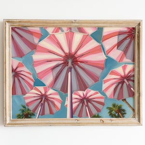 Retro Pink Print | Maximalist Beach Umbrella Painting | Pink Apartment Decor | Girly Printable Wall Art