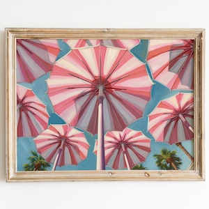 Retro Pink Print | Maximalist Beach Umbrella Painting | Pink Apartment Decor | Girly Printable Wall Art