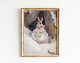 May include: A framed painting of a rabbit wearing a pink dress and a pink bow. The rabbit is sitting in a snowy landscape.
