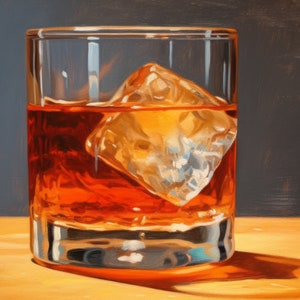 May include: A glass of amber-colored whiskey with a large ice cube. The glass is on a wooden surface.