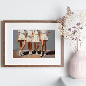 May include: A framed painting of four people wearing white skirts and white shoes standing in a row. The background is a light blue.