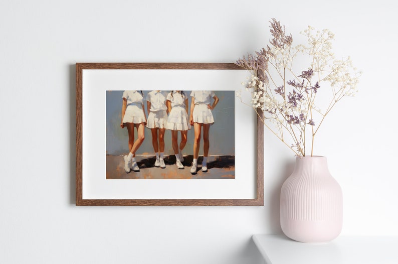May include: A framed painting of four people wearing white skirts and white shoes standing in a row. The background is a light blue.