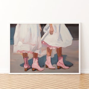 May include: Painting of two people wearing white dresses and pink boots. The painting is done in a loose, impressionistic style.