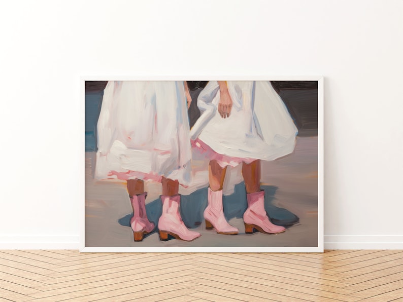 May include: Painting of two people wearing white dresses and pink boots. The painting is done in a loose, impressionistic style.