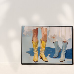 May include: A painting of two pairs of legs wearing cowboy boots. One pair of boots is yellow and the other pair is blue.