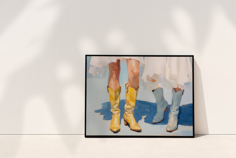 May include: A painting of two pairs of legs wearing cowboy boots. One pair of boots is yellow and the other pair is blue.