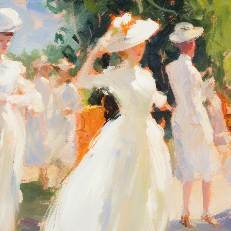 May include: An impressionistic painting of a group of people in white dresses and hats. The central figure adjusts their hat, with others in the background. The scene is set outdoors with green foliage and orange accents.