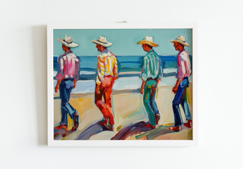 May include: A framed painting depicts four figures in cowboy hats and colorful shirts walking along a beach. The figures are painted in a loose, impressionistic style, with vibrant colors and visible brushstrokes. The background shows the ocean and sky.