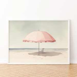 Pale Watercolor Painting | Beach Umbrella Print | Light Pink Aesthetic Art | Muted Downloadable Print image 3
