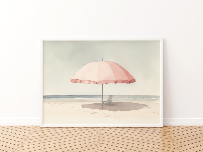 Pale Watercolor Painting | Beach Umbrella Print | Light Pink Aesthetic Art | Muted Downloadable Print image 3