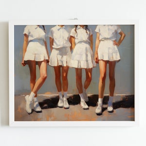 May include: Four people wearing white dresses and white shoes stand in front of a light blue wall. The people are facing forward and their legs are visible. The painting is done in a realistic style.