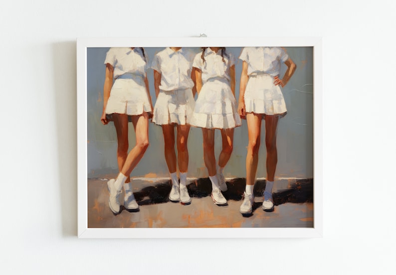 May include: Four people wearing white dresses and white shoes stand in front of a light blue wall. The people are facing forward and their legs are visible. The painting is done in a realistic style.