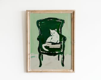 Cute Cat Print | Emerald Green Painting | Quirky Apartment Wall Art | Retro Printable Digital Download | Aesthetic Room Decor