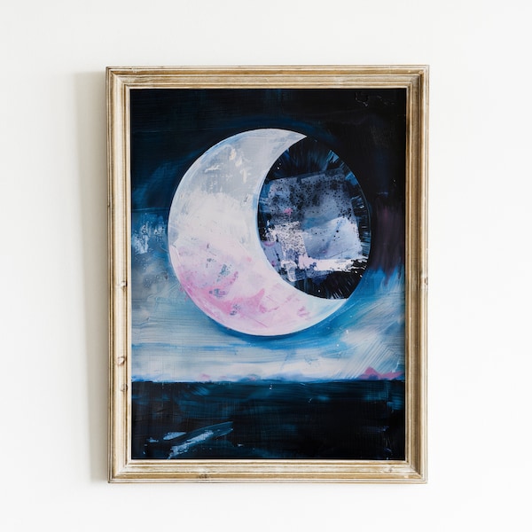 Moon Painting | Dark Blue Printable Wall Art | Night Sky Print | Space Themed Room Decor