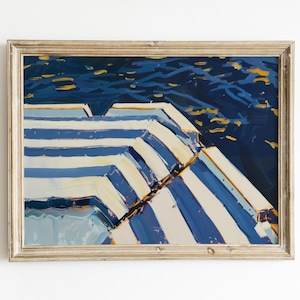 Impresión náutica elegante / Pintura para baño costero / Arte de pared imprimible con diseño de casa en el lago / Decoración marítima en azul y blanco