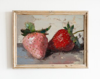 Antique Kitchen Print | Pink Strawberry Oil Painting | Country Kitchen Wall Art | Downloadable Print
