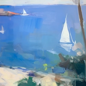 May include: A painting of a seascape with three white sailboats on a blue body of water. The water is painted with thick brushstrokes and the sailboats are simple and abstract. The background is a light blue sky with a few clouds.