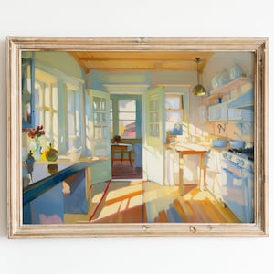 Puede incluir: Una pintura que representa el interior de una cocina con una vista de un jardín a través de una puerta abierta. La cocina está pintada en azul claro y blanco con un suelo de madera. La luz del sol entra por las ventanas, proyectando largas sombras en el suelo. Hay platos en la encimera y una estufa en el fondo.