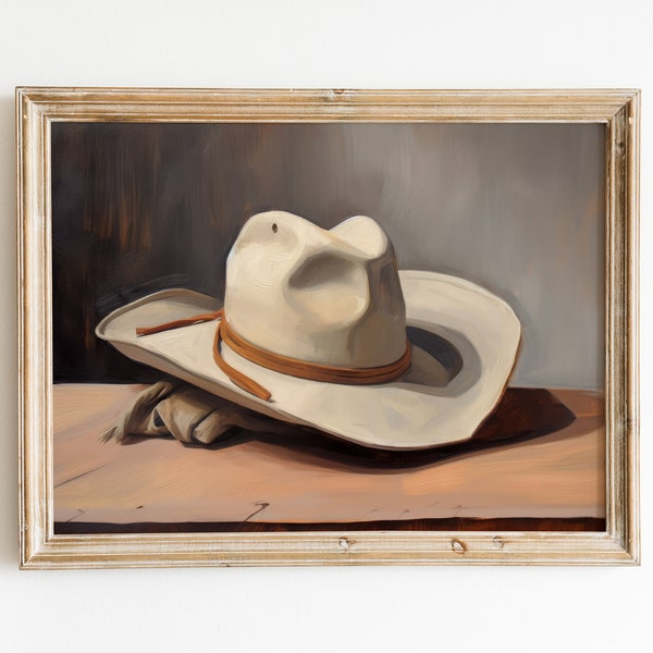 Cowboy Hat Print | Rustic Oil Painting | Antique Country Art | Downloadable Print