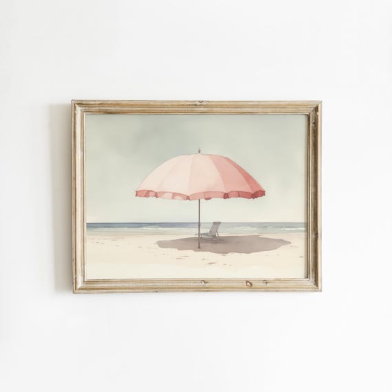 Pale Watercolor Painting | Beach Umbrella Print | Light Pink Aesthetic Art | Muted Downloadable Print