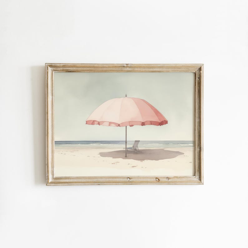 Pale Watercolor Painting | Beach Umbrella Print | Light Pink Aesthetic Art | Muted Downloadable Print image 1