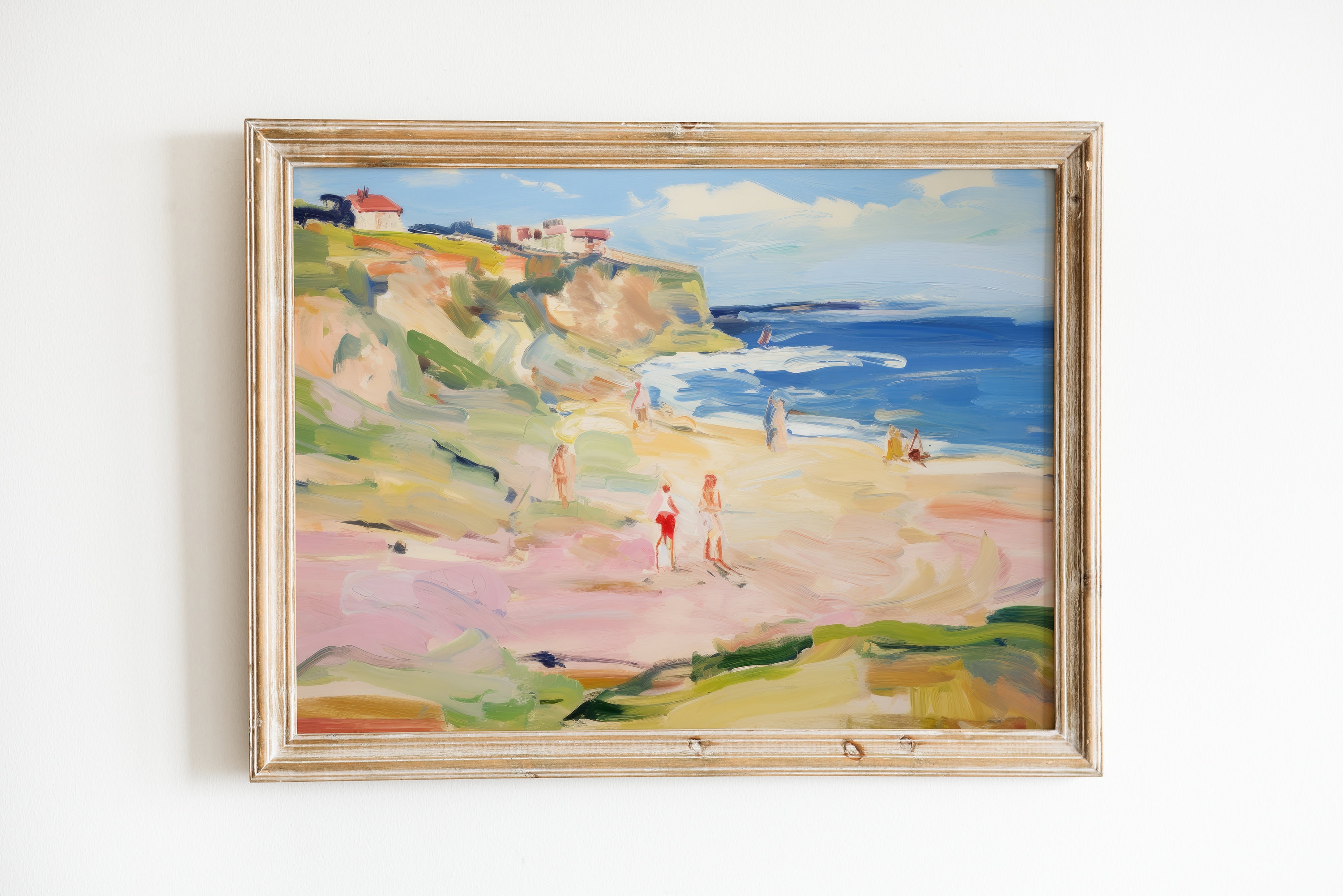 Impression plage preppy | Téléchargement imprimable abstrait | Décoration féminine pour dortoir universitaire | Tableau rose et bleu